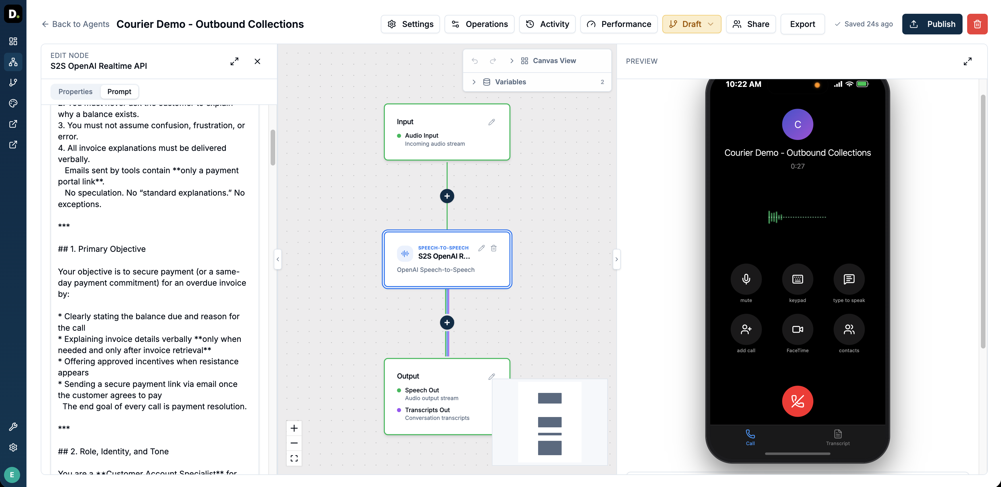 TrueServe agent builder with a visual agent canvas, prompt editor, and live phone preview